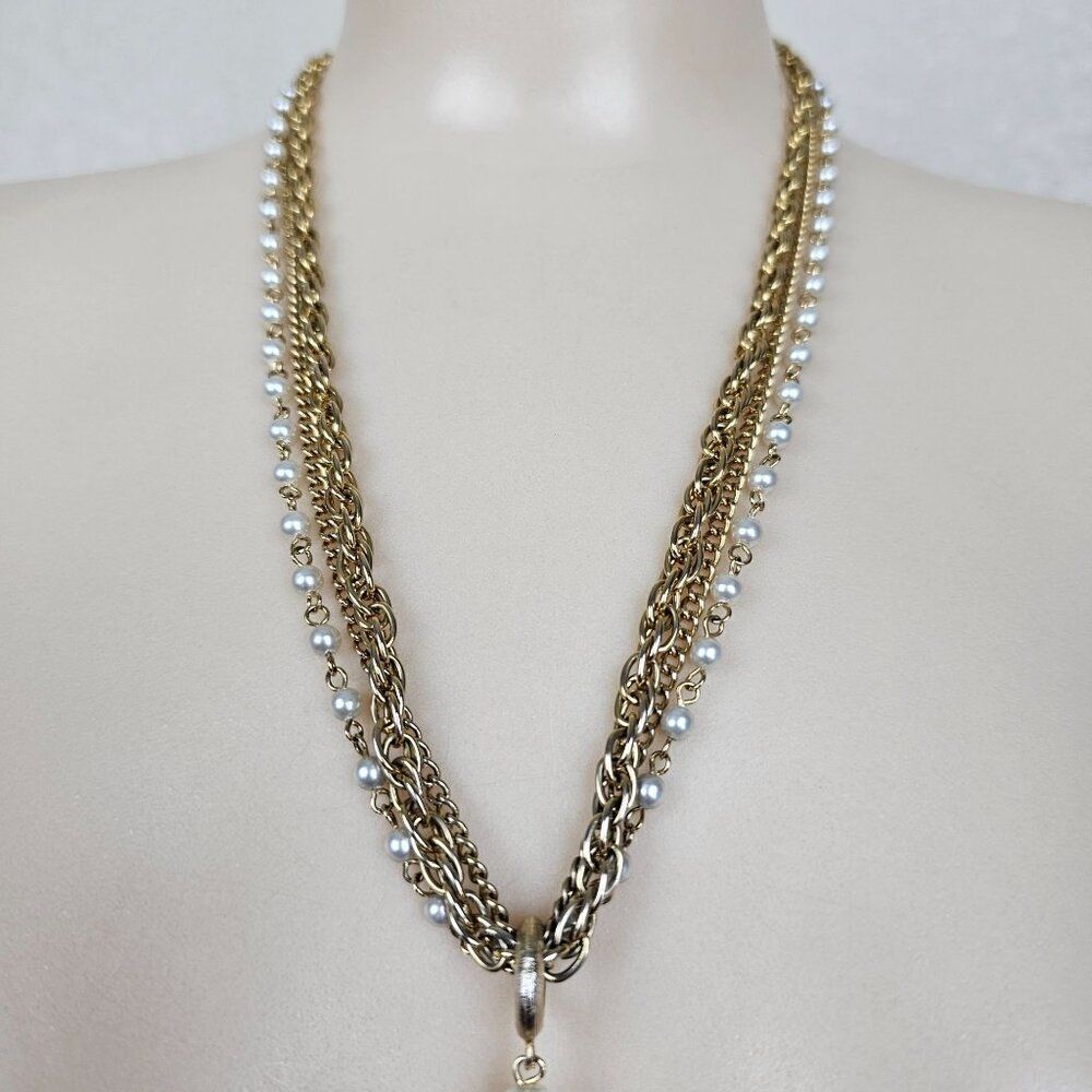 Vintage Triple Strand Faux Pearl Gold Tone Metal Tassel Beaded Pendant Necklace - Picture 2 of 10